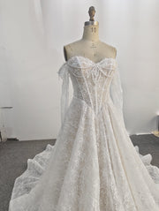 A-Line Lace Wedding Dress Off Shoulder Pearl Chains Long Chapel Train