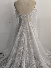 A-Line Lace Wedding Dress Off Shoulder Pearl Chains Long Chapel Train