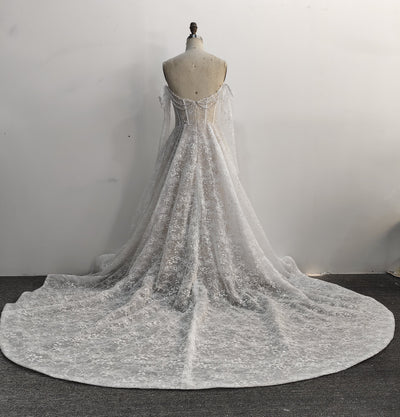 A-Line Lace Wedding Dress Off Shoulder Pearl Chains Long Chapel Train