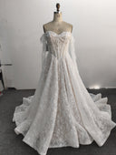 A-Line Lace Wedding Dress Off Shoulder Pearl Chains Long Chapel Train