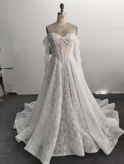 A-Line Lace Wedding Dress Off Shoulder Pearl Chains Long Chapel Train