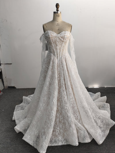 A-Line Lace Wedding Dress Off Shoulder Pearl Chains Long Chapel Train