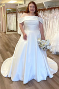 White Satin Off Shoulder A-Line Long Sweep Wedding Dress