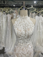 Floral Lace Wedding Dress Halter Sleeveless Mermaid Backless Court