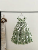 الأميرة 3D الأزهار التطريز الأخضر تول الطابق طول فستان الزفاف زهرة فتاة