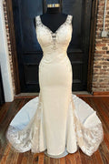 White Lace Satin V-Neck Backless Mermaid Long Wedding Gown