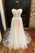 Ivory Sweetheart Lace Tulle A-Line Long Sweep Wedding Dress