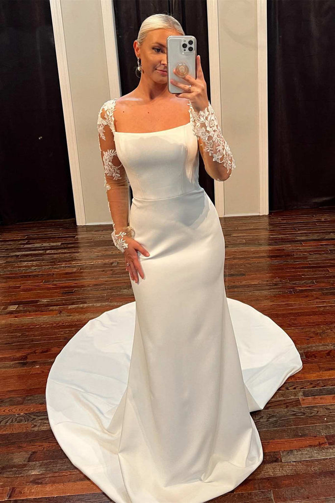 White Square Neck Lace Long Sleeve Mermaid Long Wedding Dress White Square Neck Lace Long Sleeve Mermaid Long Wedding Dress