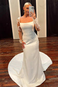White Square Neck Lace Long Sleeve Mermaid Long Wedding Dress
