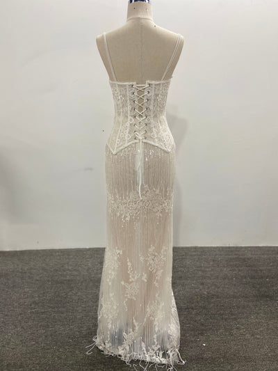 Beaded Lace Two Pieces Set Wedding Dress Fringe Sheer Corset Spaghetti Strap