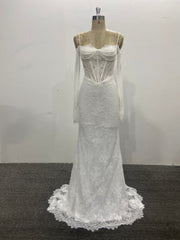 Lace Wedding Dress Column Pearls Long Sleeves Detachable Overskirt