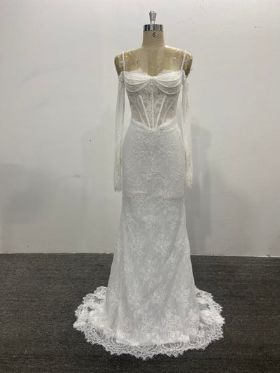 Lace Wedding Dress Column Pearls Long Sleeves Detachable Overskirt