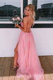 A-line Spaghetti Straps Crisscross Floor Length Pink Tulle Prom Dress, Lace Slit
