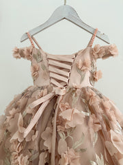 3D フローラル ピンク レース チュール ロング ウェディング フラワー ガール ドレス クチュール ドレス
