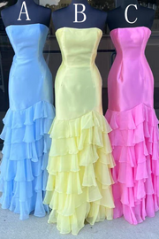 Pink Strapless Scoop Tiered Sleeveless Long Formal Dress with Slit