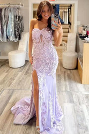 Mermaid Strapless Lilac Lace Tulle Sweetheart Floor Length Court Train Prom Dress, Slit