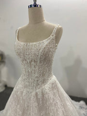 Lace A Line Wedding Dress Square Neck Spaghetti Strap Beaded Corset Chapel Train