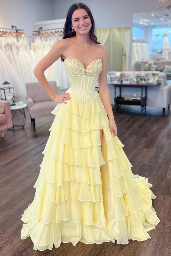 prom dress empire line Pink V-Neck Empire Waist Tiered Long Prom Dress with Ruffles Pgmdress
