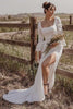 White Square Neck Open Back Long Sleeve Wedding Dress, Slit