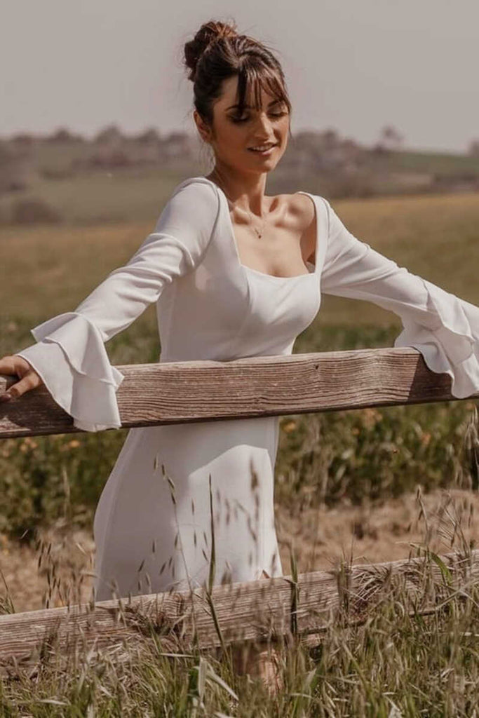 long sleeve square neck white dress Modest A-line Square Neck Wedding Dress Edita with Long Chiffon Sleeves 4 US (36 EU) / Ivory