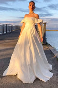 White Off Shoulder Ruffled Sleeve A-Line Long Wedding Dress