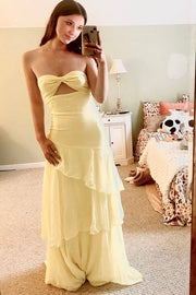 Blue Strapless Ruffles Sleeveless Chiffon Long Party Dress