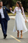 White Sheer Neck Sweetheart Long Sleeve High Low Wedding Dress
