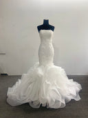 Ruffled Mermaid Wedding Dress Strapless 3D Floral Lace Organza Skirt Corset Back
