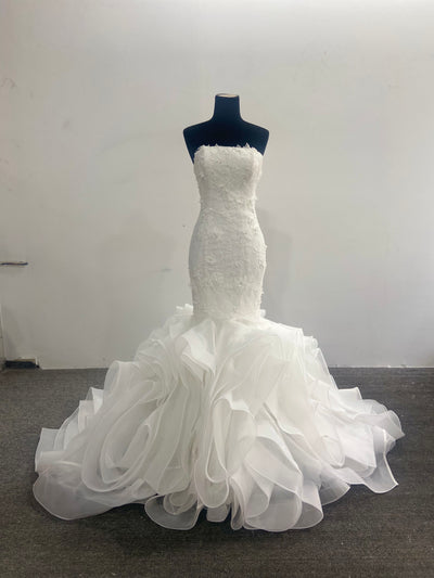 Ruffled Mermaid Wedding Dress Strapless 3D Floral Lace Organza Skirt Corset Back