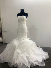 Ruffled Mermaid Wedding Dress Strapless 3D Floral Lace Organza Skirt Corset Back