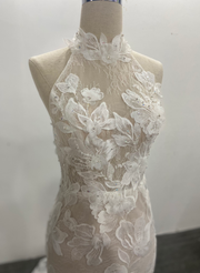 Trumpet Lace Wedding Dress Beaded White Halter Sleeveless Sweep