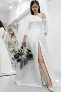 A-line White Satin Asymmetrical Open Back Long Wedding Dress, Slit