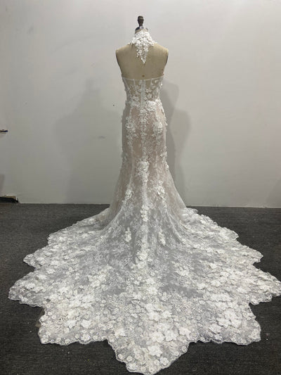 Strapless Mermaid Wedding Dress 3D Floral Lace Removable High Neck Collar