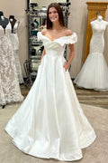 White Off Shoulder Ruffled A-Line Long Sweep Wedding Dress