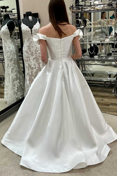 White Off-the-Shoulder Ruffled A-Line Long Wedding Dress