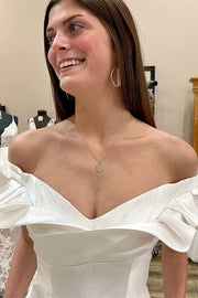 White Off-the-Shoulder Ruffled A-Line Long Wedding Dress