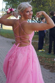 A-line Spaghetti Straps Crisscross Floor Length Pink Tulle Prom Dress, Lace Slit