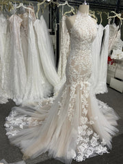 Floral Lace Wedding Dress Halter Sleeveless Mermaid Backless Court