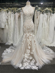 Floral Lace Wedding Dress Halter Sleeveless Mermaid Backless Court