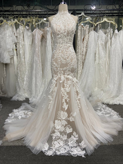Floral Lace Wedding Dress Halter Sleeveless Mermaid Backless Court