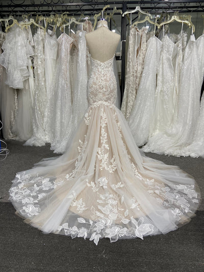 Floral Lace Wedding Dress Halter Sleeveless Mermaid Backless Court