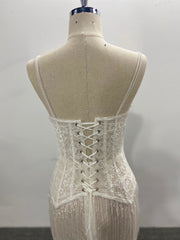 Beaded Lace Two Pieces Set Wedding Dress Fringe Sheer Corset Spaghetti Strap