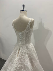 Lace A Line Wedding Dress Square Neck Spaghetti Strap Beaded Corset Chapel Train