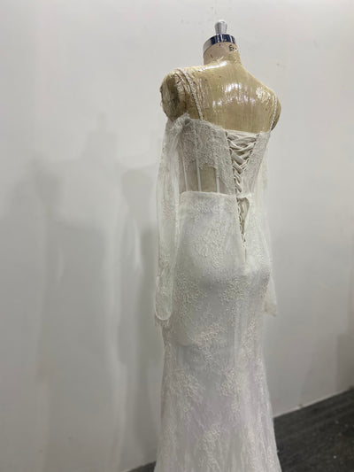 Lace Wedding Dress Column Pearls Long Sleeves Detachable Overskirt