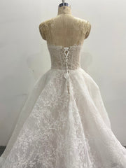 A-Line Lace Wedding Dress Strapless Sheer Bodice Floral Embroidery Lace-Up Corset