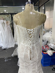 White Lace Mermaid Wedding Dress Off Shoulder Long Sleeve Corset Back