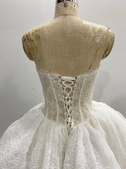 Strapless Lace Ball Gown Wedding Dress Princess Corset Back Ivory Pleated