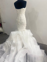 Ruffled Mermaid Wedding Dress Strapless 3D Floral Lace Organza Skirt Corset Back