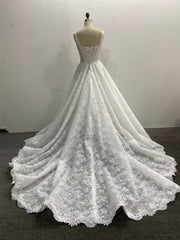 Lace A-Line Wedding Dress Square Neck Sleeveless Corset Back Chapel Train