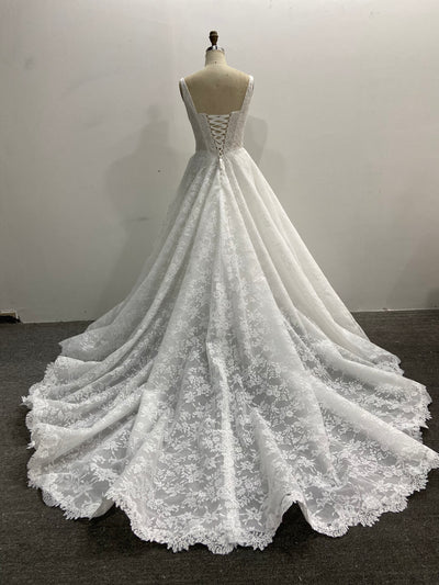 Lace A-Line Wedding Dress Square Neck Sleeveless Corset Back Chapel Train